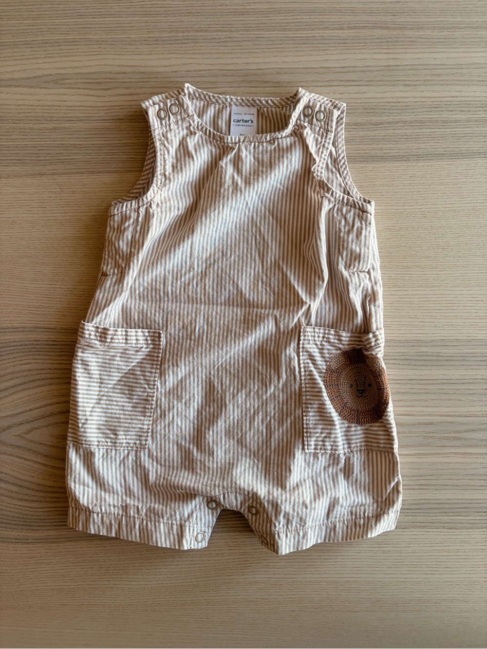 Carter's Cream and Tan Striped Sleeveless Romper with Lion Pocket